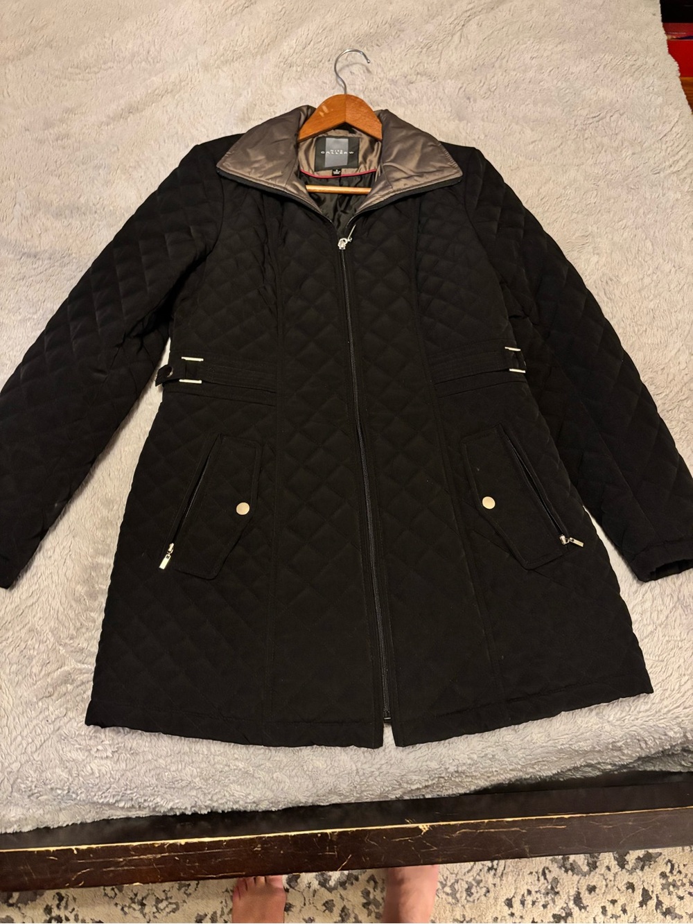 Gallery Black Quilted Puffer Coat with Gray Inner Collar